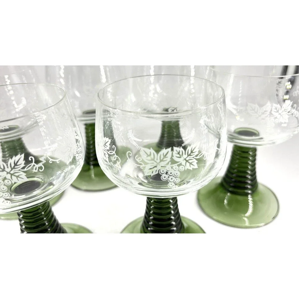Schott Zwiesel Green Stem Etched Wine Glasses Set of 6 Vintage German Crystal